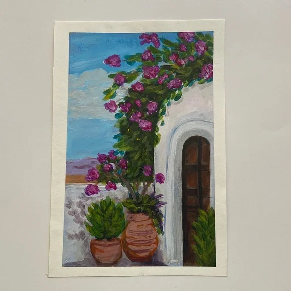 Greek Island Courtyard Floral Wall Art with Purple and Green Accents - Picture 3 of 6